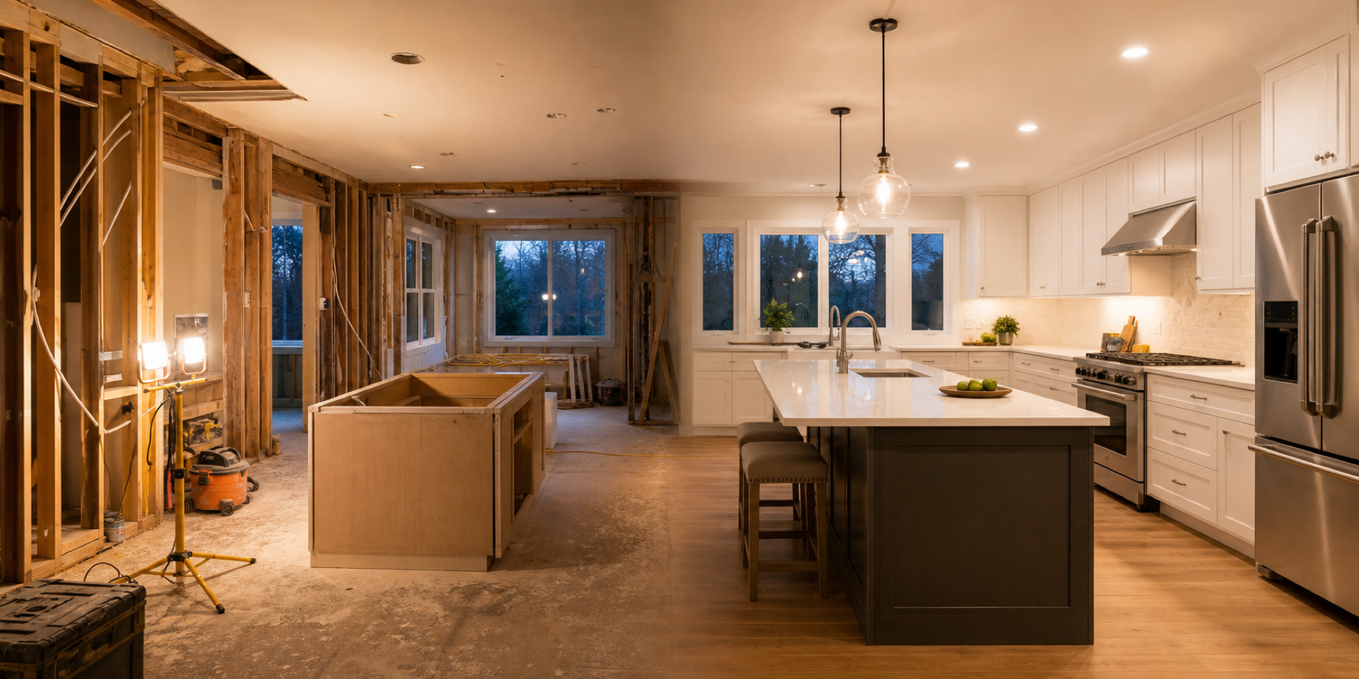 A kitchen mid-renovation with exposed framing on one side, fully renovated with white cabinets and an island on the other