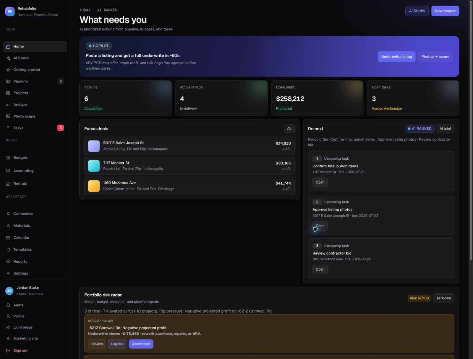 Real Rehabfolio screenshot: the workspace home with AI-prioritized actions, $258,212 projected open profit, focus deals, and a portfolio risk radar