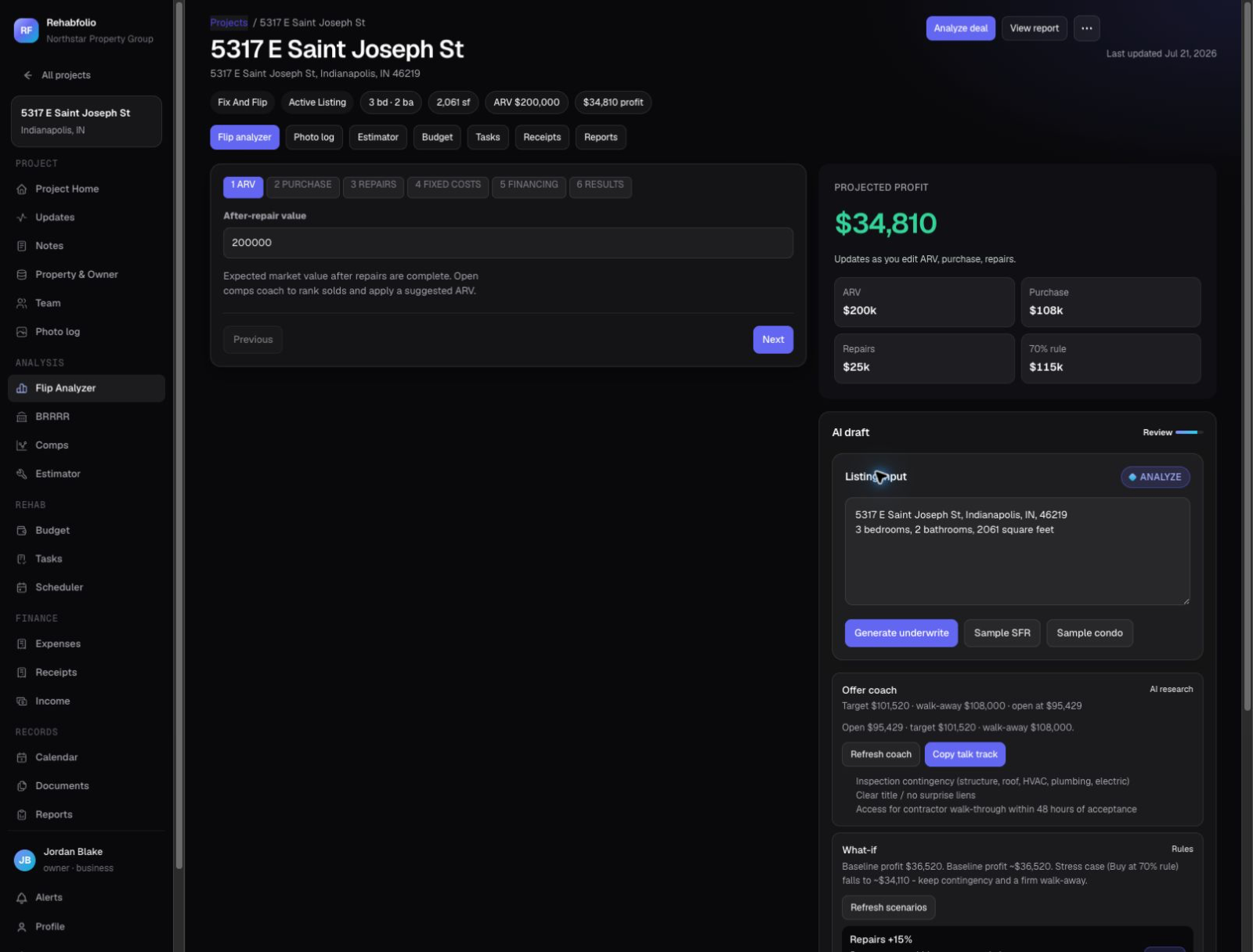 Real Rehabfolio screenshot: the flip analyzer with projected profit of $34,810 and an AI offer coach showing open, target, and walk-away prices